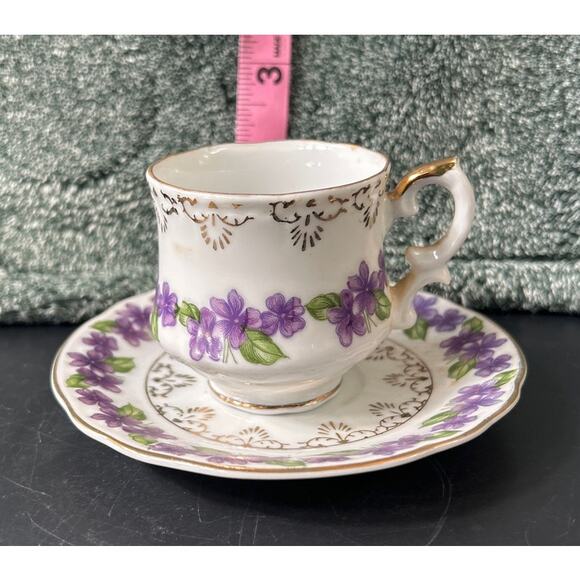 Vintage Inarco Japan Demitasse Cup And Saucer Set Violets Gold Accent - Picture 4 of 13